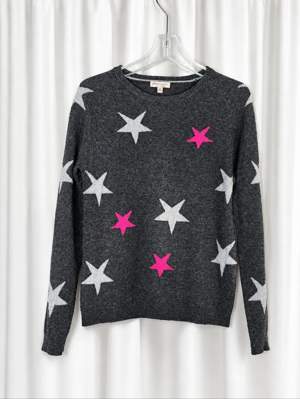 Philosophy Cashmere Gray Pink Celestial Star Print Luxury Knit Pullover Sweater